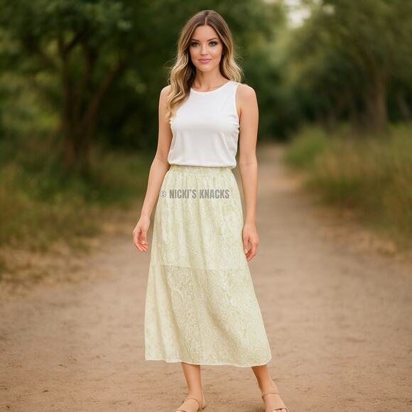 All Saints Clara Noche White Green Animal Print Sheer Midi Skirt Pull On Size 12 - Picture 10 of 11